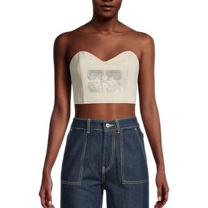 GANNI Cream Strapless bejeweled Denim Crop Top with Zipper Sz 4 S